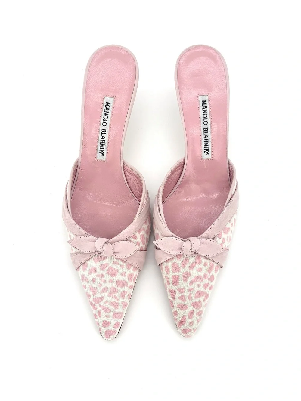 Manolo Blahnik Bow Pink Leopard Print Ponyhair Pointed Toe Kitten Heel Mules 41 - Picture 9 of 11